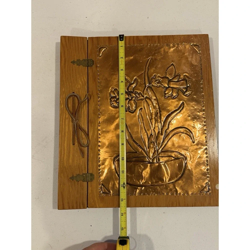 VTG Handmade Wooden & Hammered Copper Relief Floral Memory Scrapbook Book